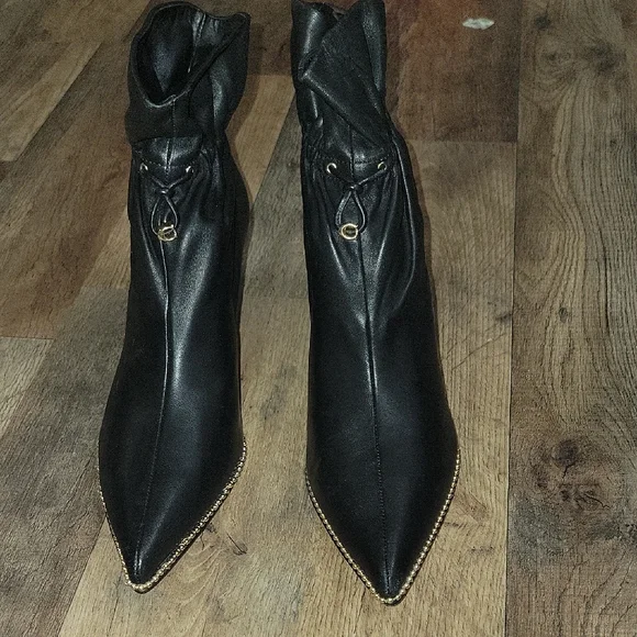 Coach Black Heeled Boots with Gold Trim - Picture 3 of 8